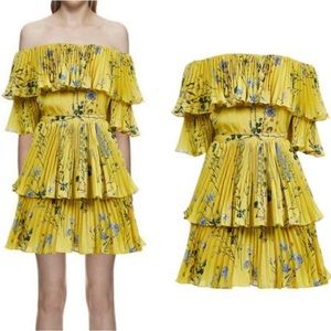 SELF PORTRAIT yellow pleated floral mini dress